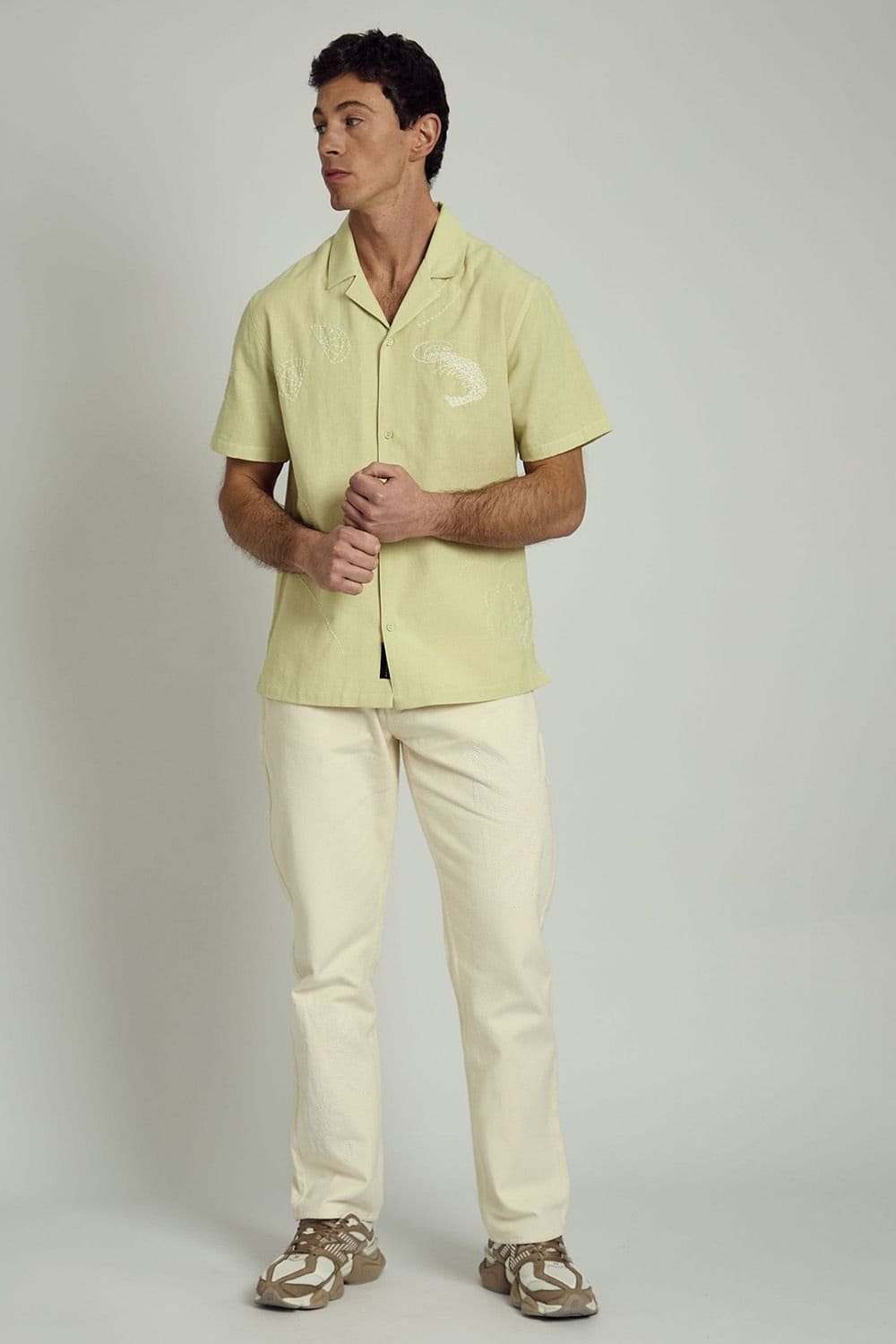 Native Youth Native Youth Men's Cotton Linen Short Sleeve Embroidered Shirt in Lime - 4