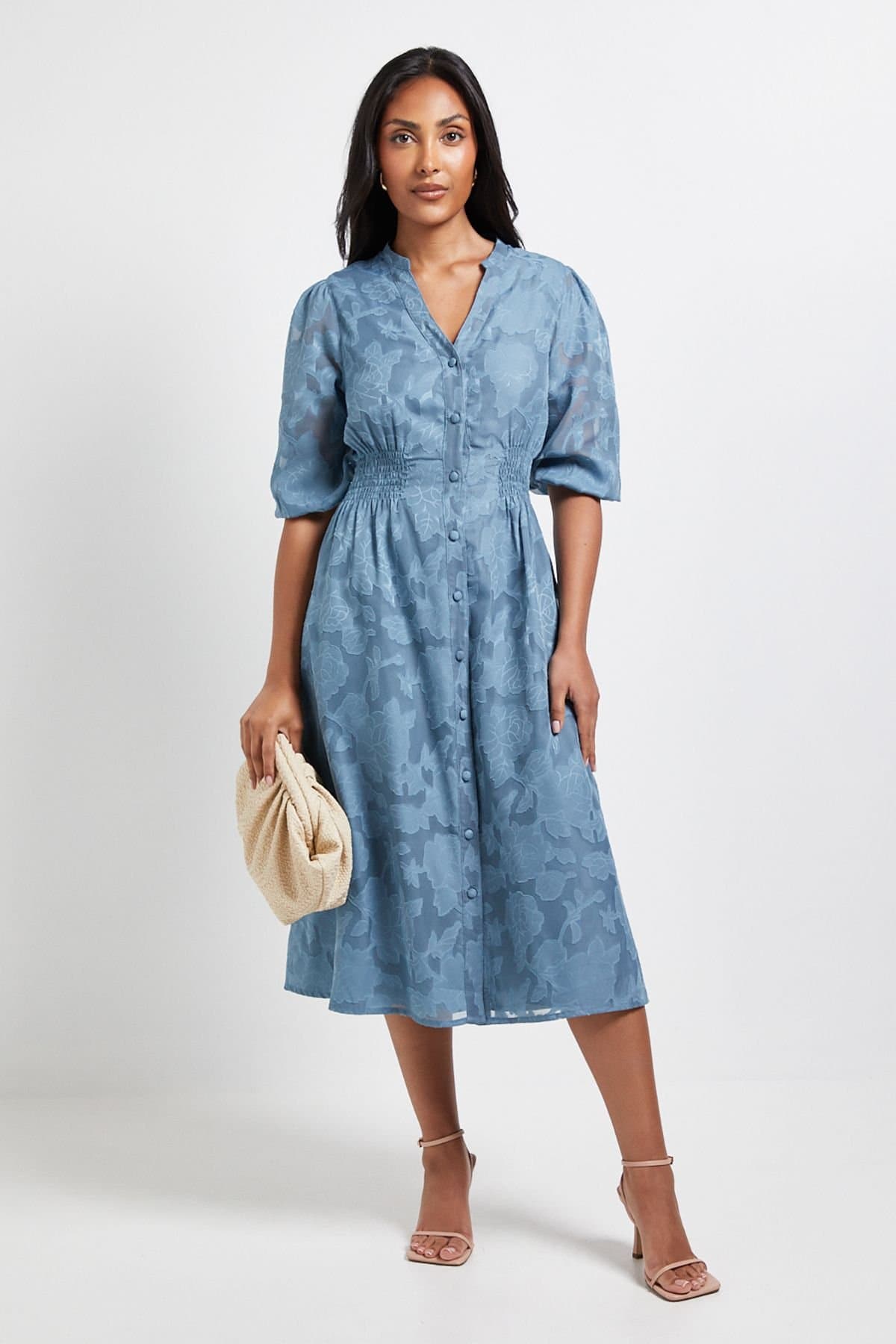 Wallis Wallis Women's Petite Floral Jacquard Button Midi Dress in Blue