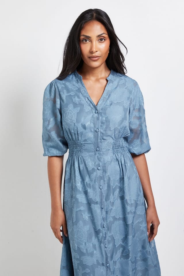 Wallis Wallis Women's Petite Floral Jacquard Button Midi Dress in Blue - 2