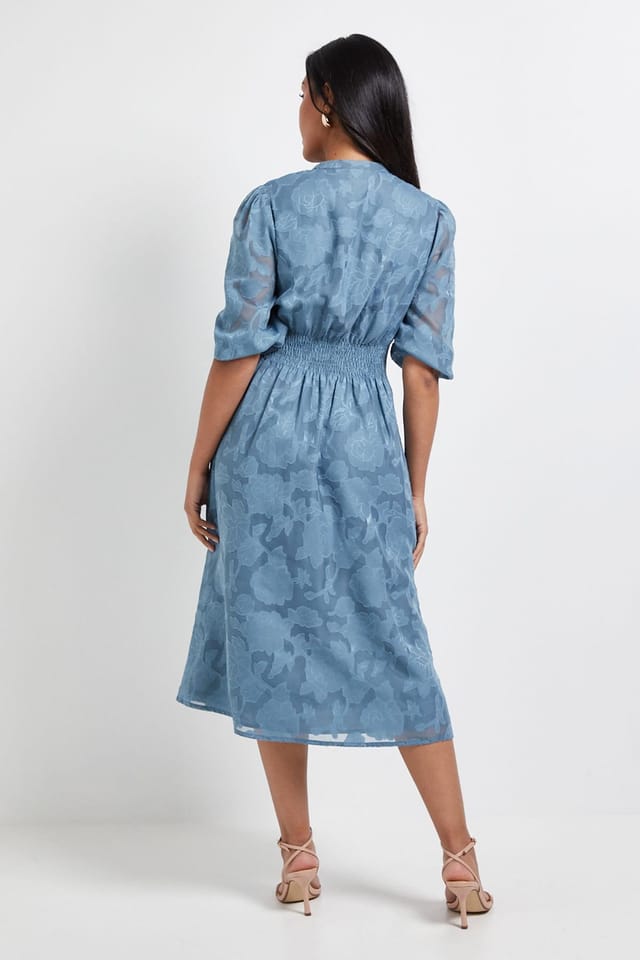 Wallis Wallis Women's Petite Floral Jacquard Button Midi Dress in Blue - 3