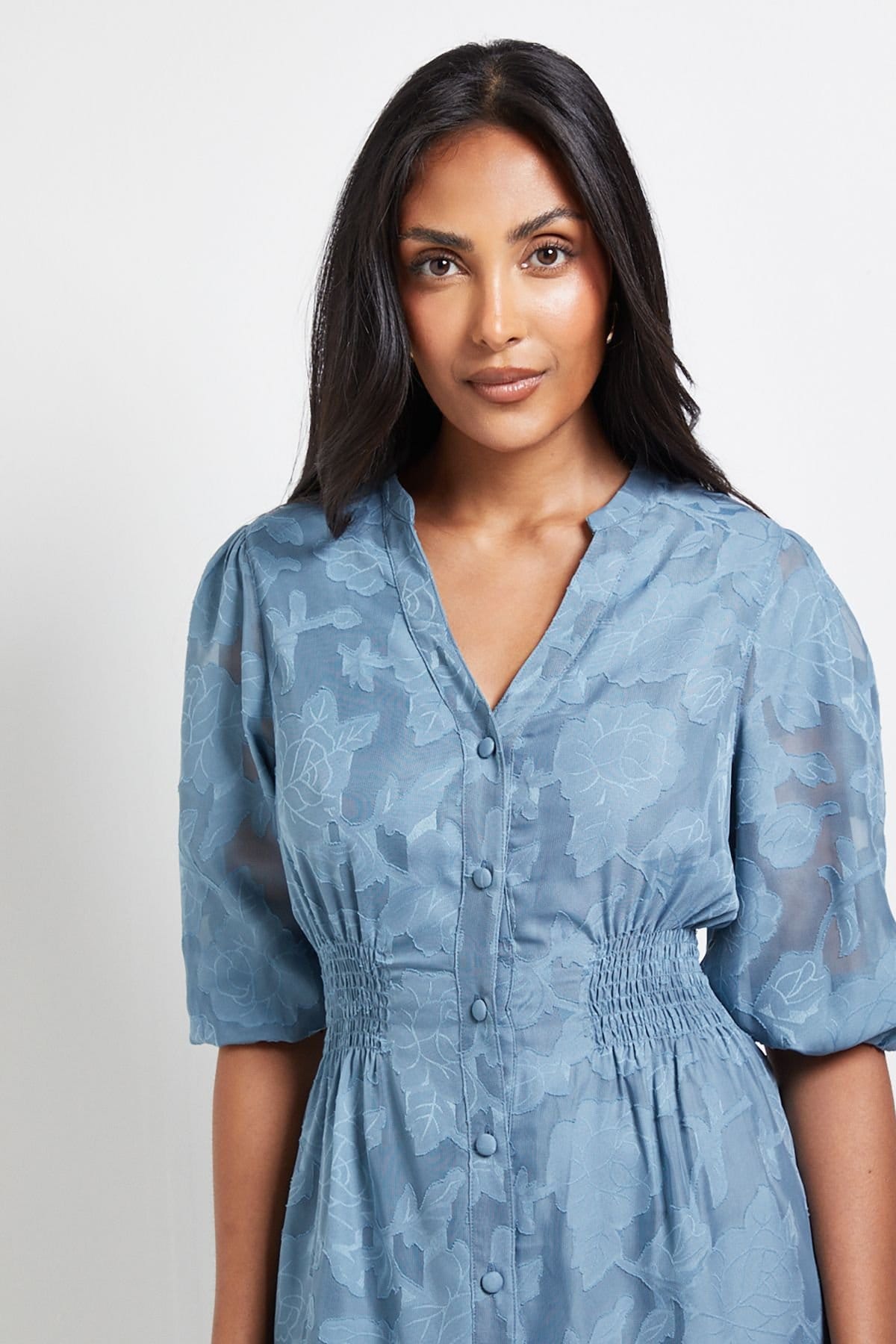 Wallis Wallis Women's Petite Floral Jacquard Button Midi Dress in Blue - 4