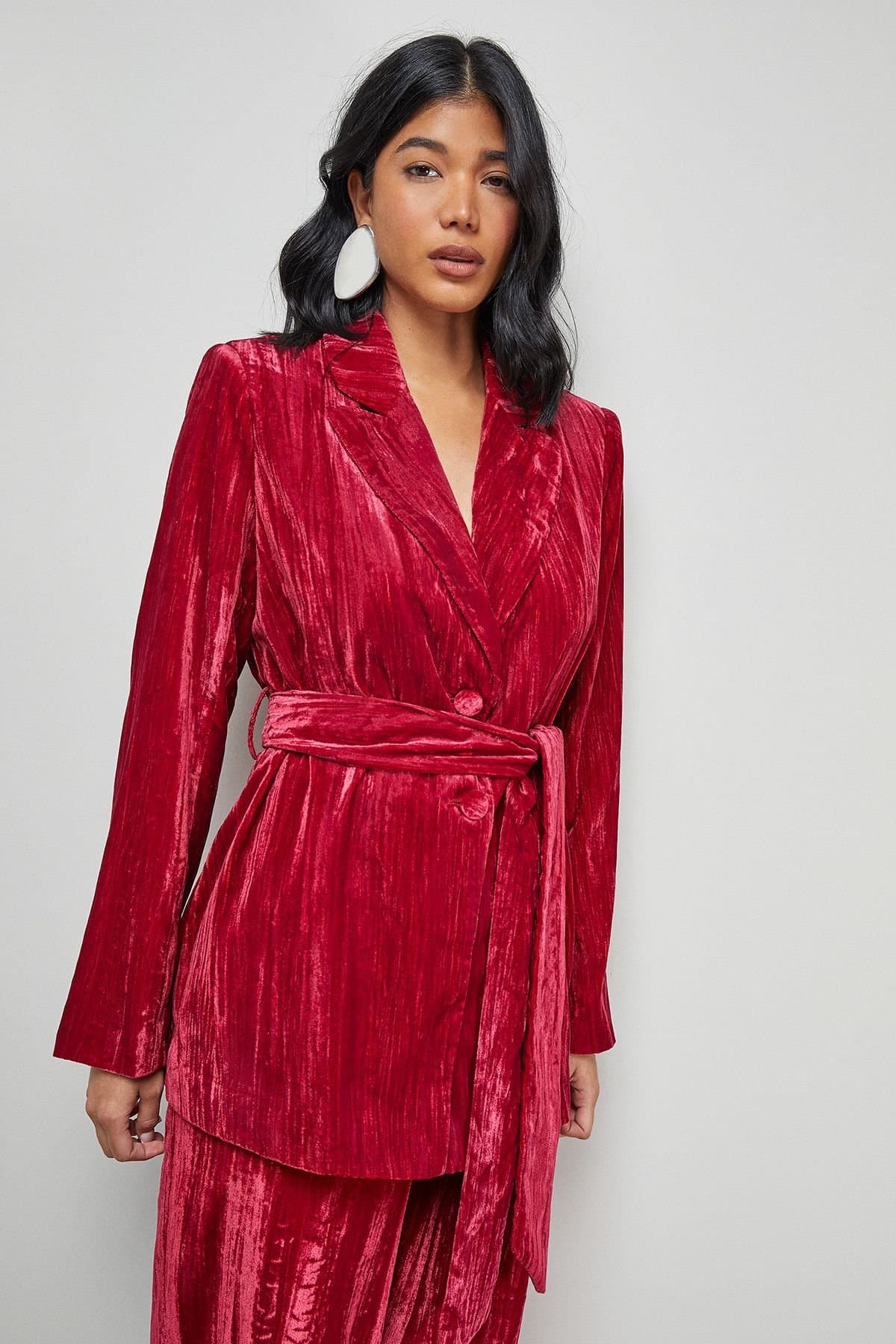 Warehouse Warehouse Women's Crushed Velvet Tie Waist Blazer Co-ord in Hot Pink