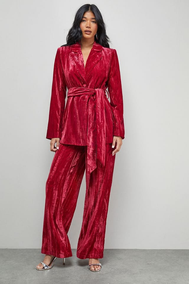 Warehouse Warehouse Women's Crushed Velvet Tie Waist Blazer Co-ord in Hot Pink - 2