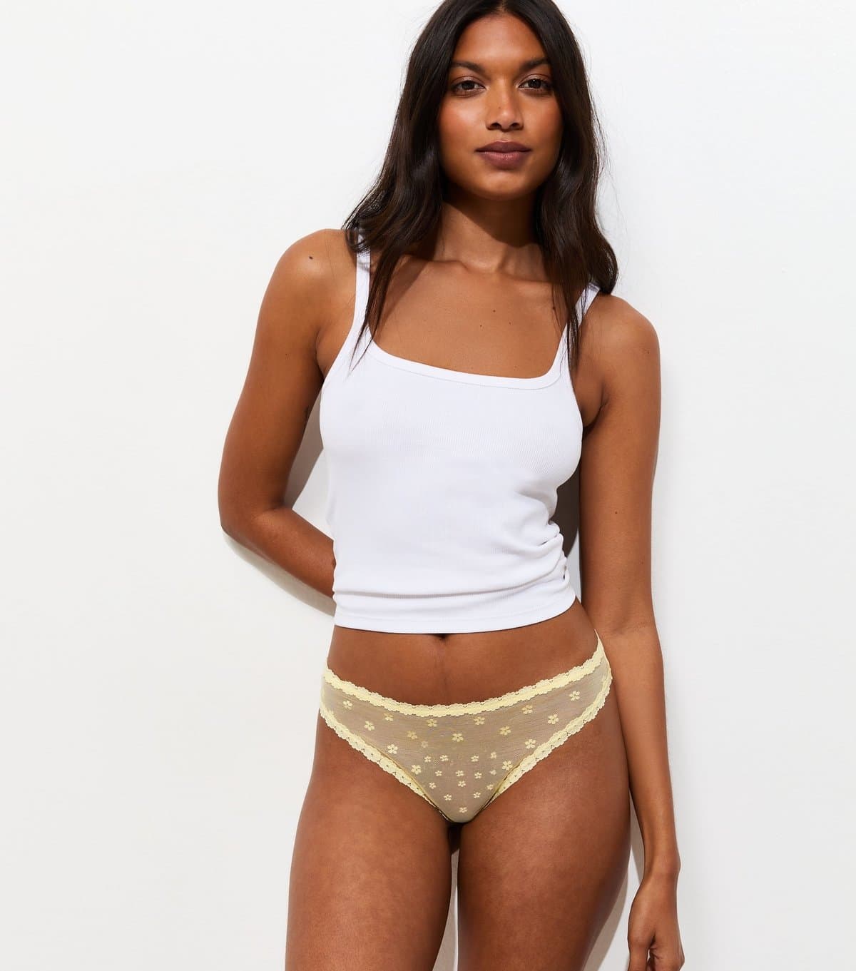 New Look Women's Yellow Daisy Embroidered Mesh Thong New Look