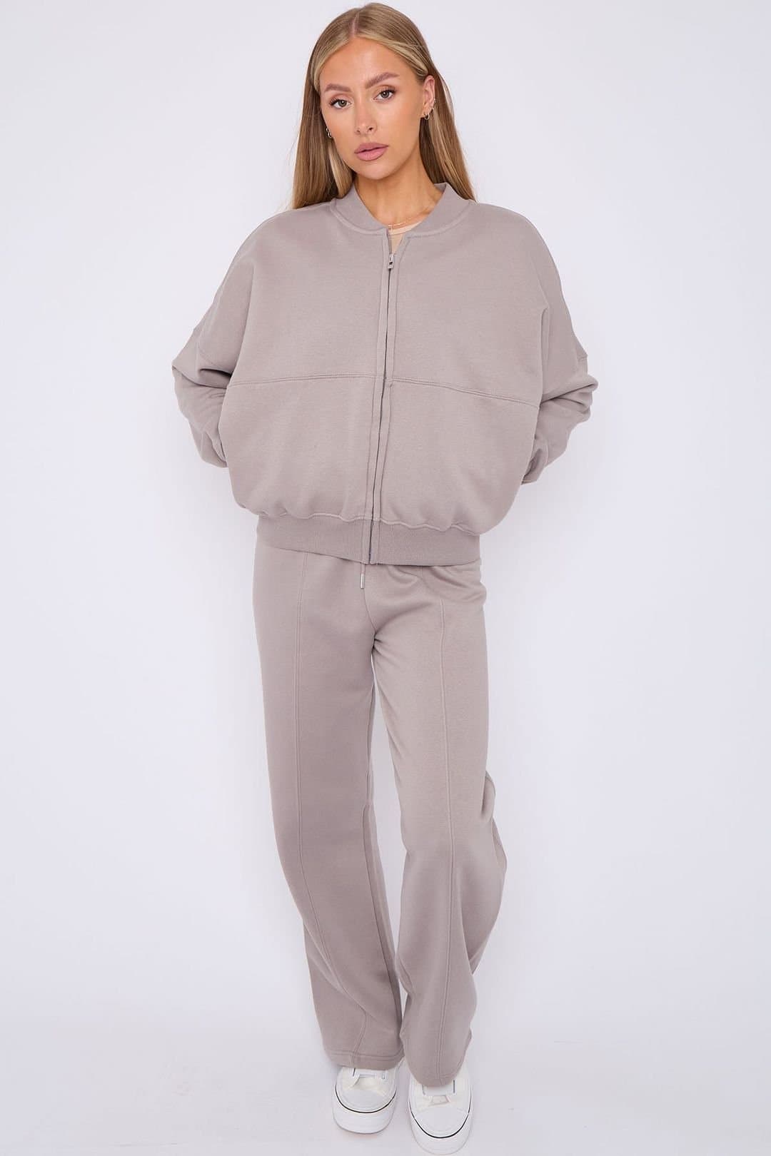 STYLEWISE STYLEWISE Women's Fleece Zipper - Oversized Bomber Style - Co-ord Set in Light Grey