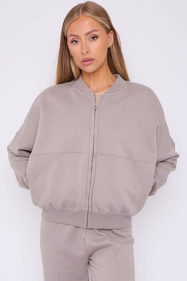 STYLEWISE STYLEWISE Women's Fleece Zipper - Oversized Bomber Style - Co-ord Set in Light Grey - 2