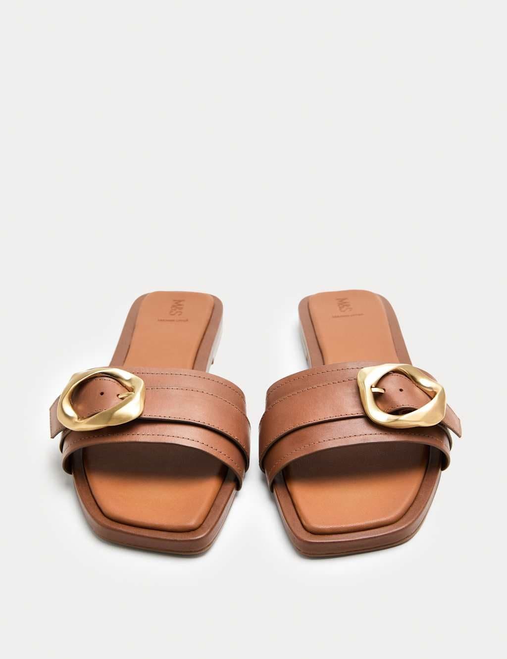 Marks & Spencer M&S Leather Trim Flat Mule Sandals Tan