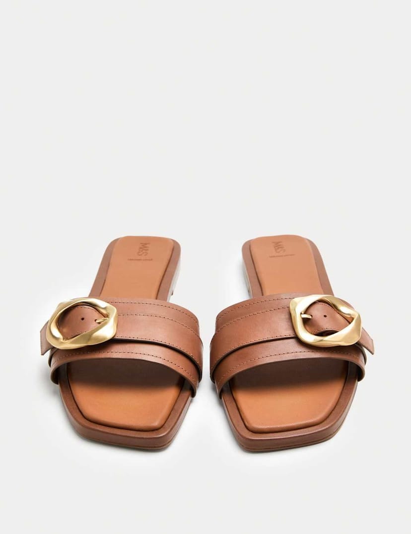 Marks & Spencer M&S Leather Trim Flat Mule Sandals Tan - 1