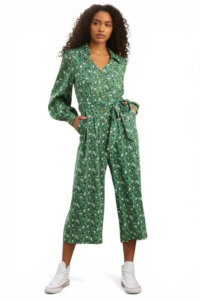 Louche Louche Women's Oski-Cat-Camo Print Long Sleeve Jumpsuit in Green - 2