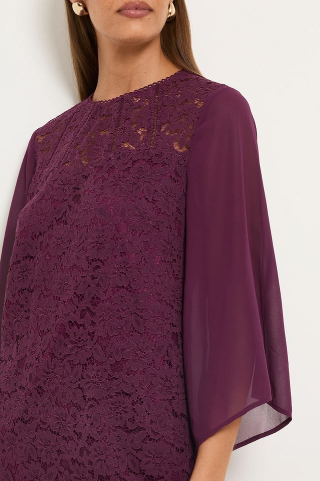Wallis Wallis Women's Lace Ladder Trim Shift Dress in Berry - 2