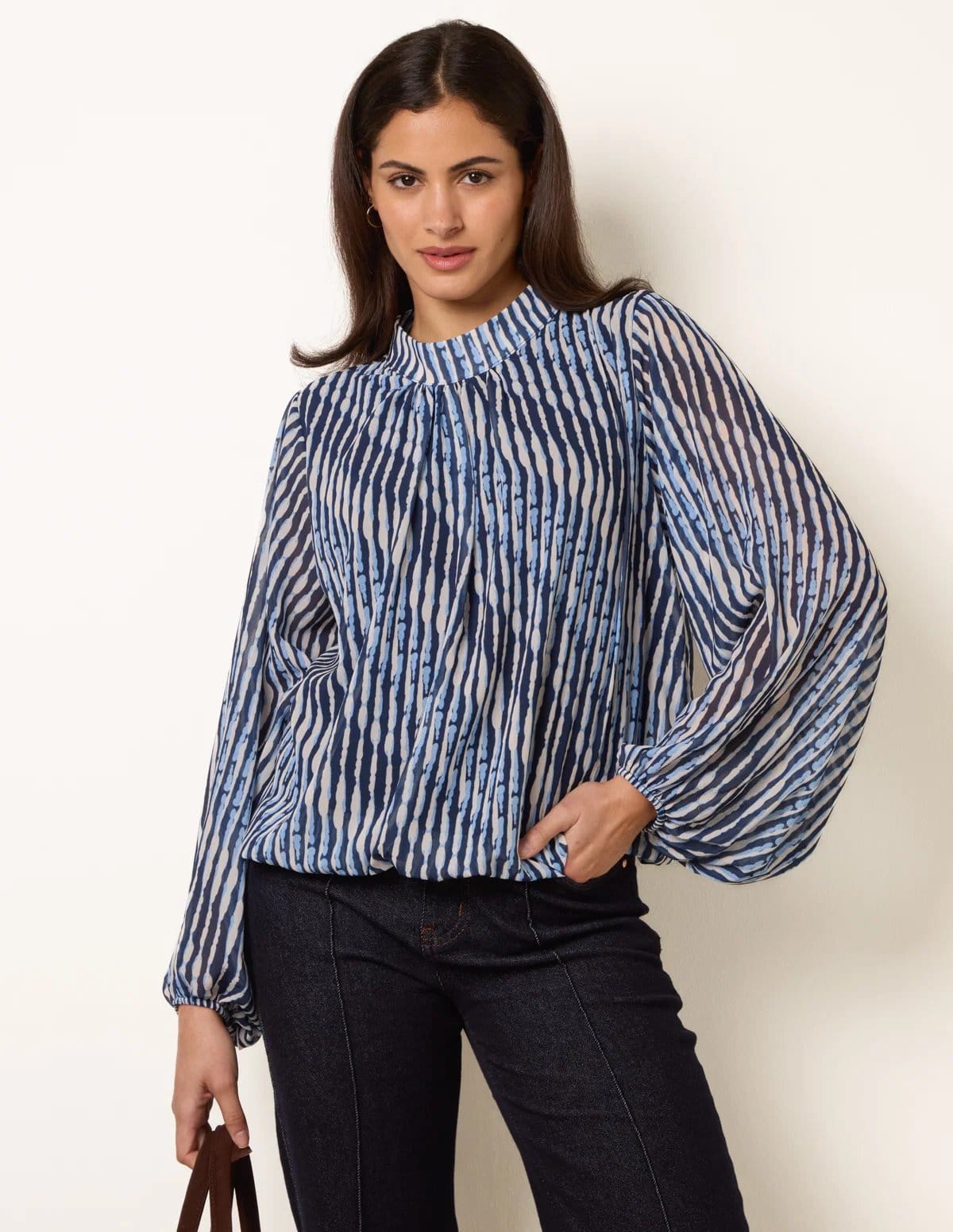 Blue Vanilla Printed High Neck Puffball Blouse - 1