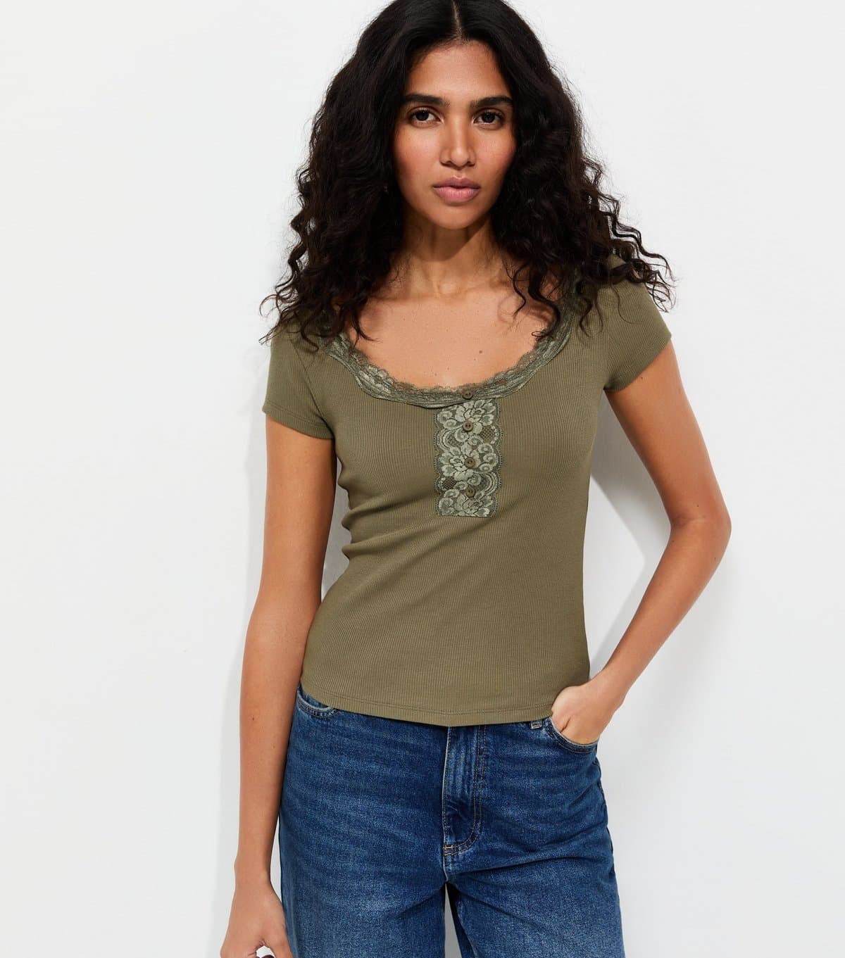 New Look Women's Khaki Cotton-Rich Rib Lace Trim Henley T-Shirt New Look