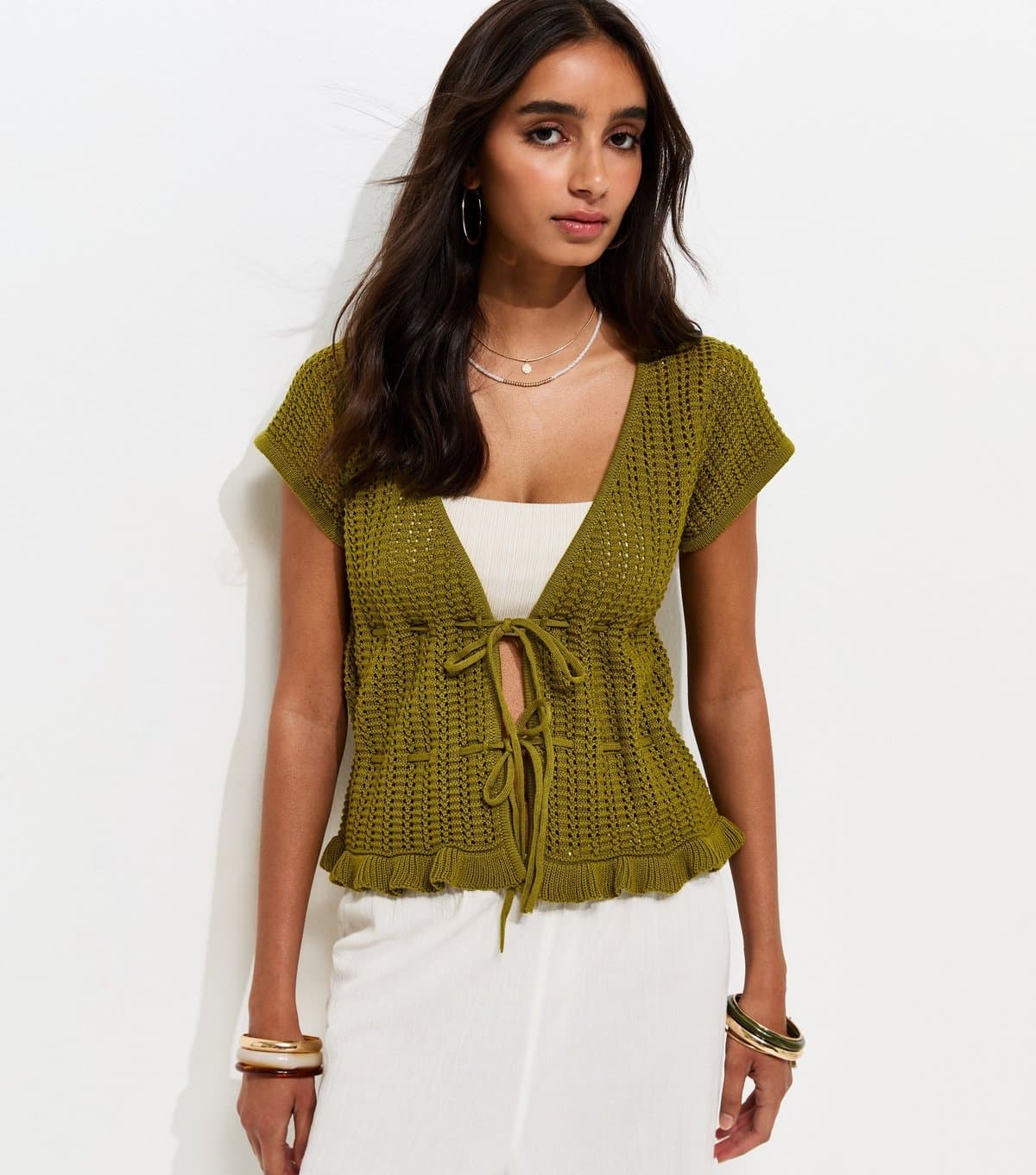 New Look Women's Green Frilly Trim Tie Front Top New Look