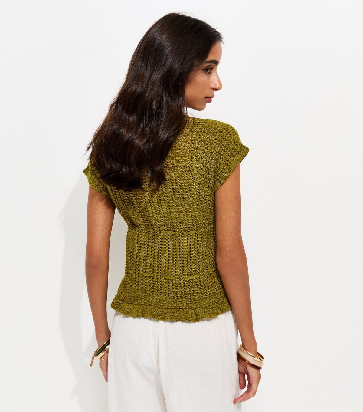 New Look Women's Green Frilly Trim Tie Front Top New Look - 4