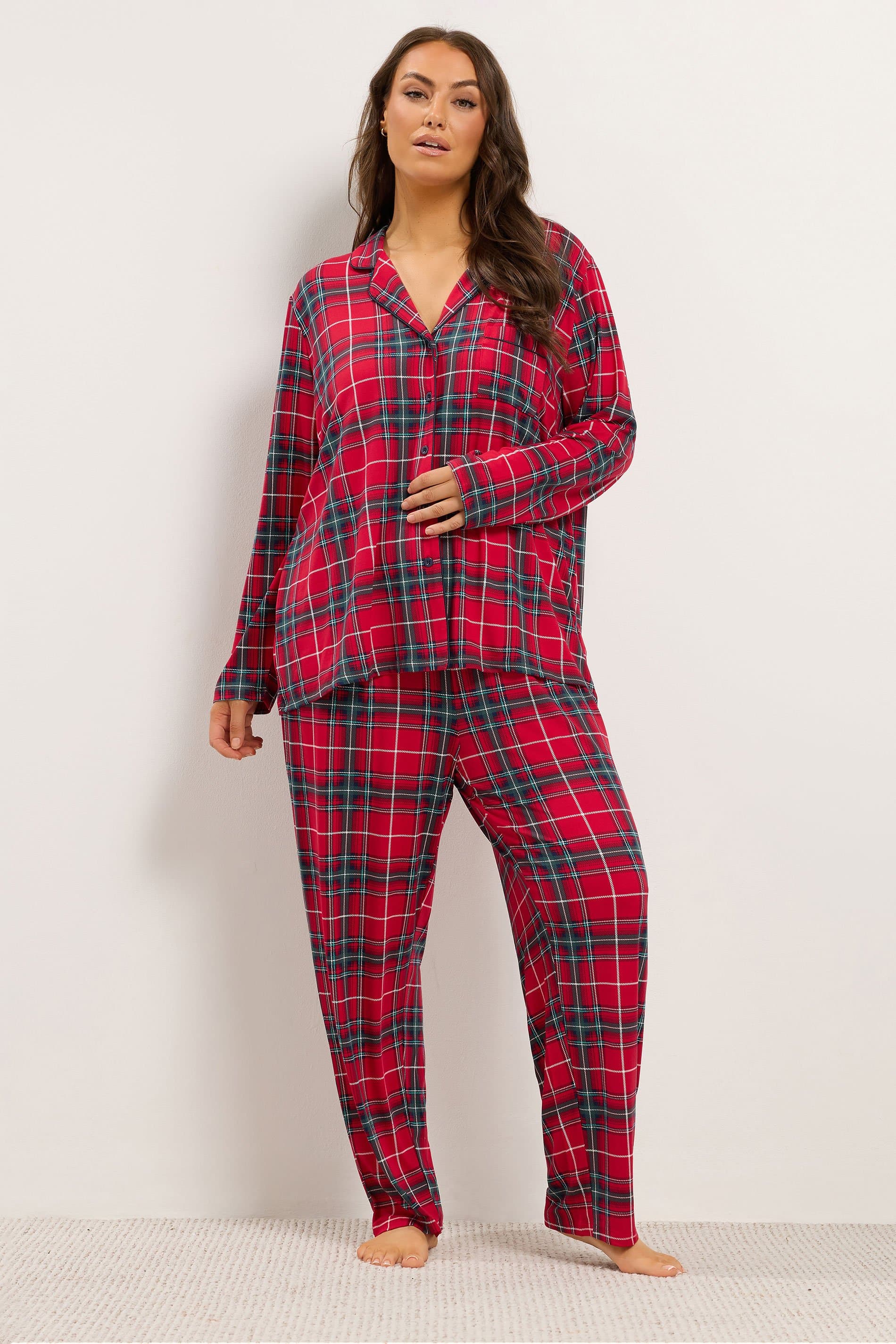 Yours Plus Size Red Checked Button Through Pyjama Set