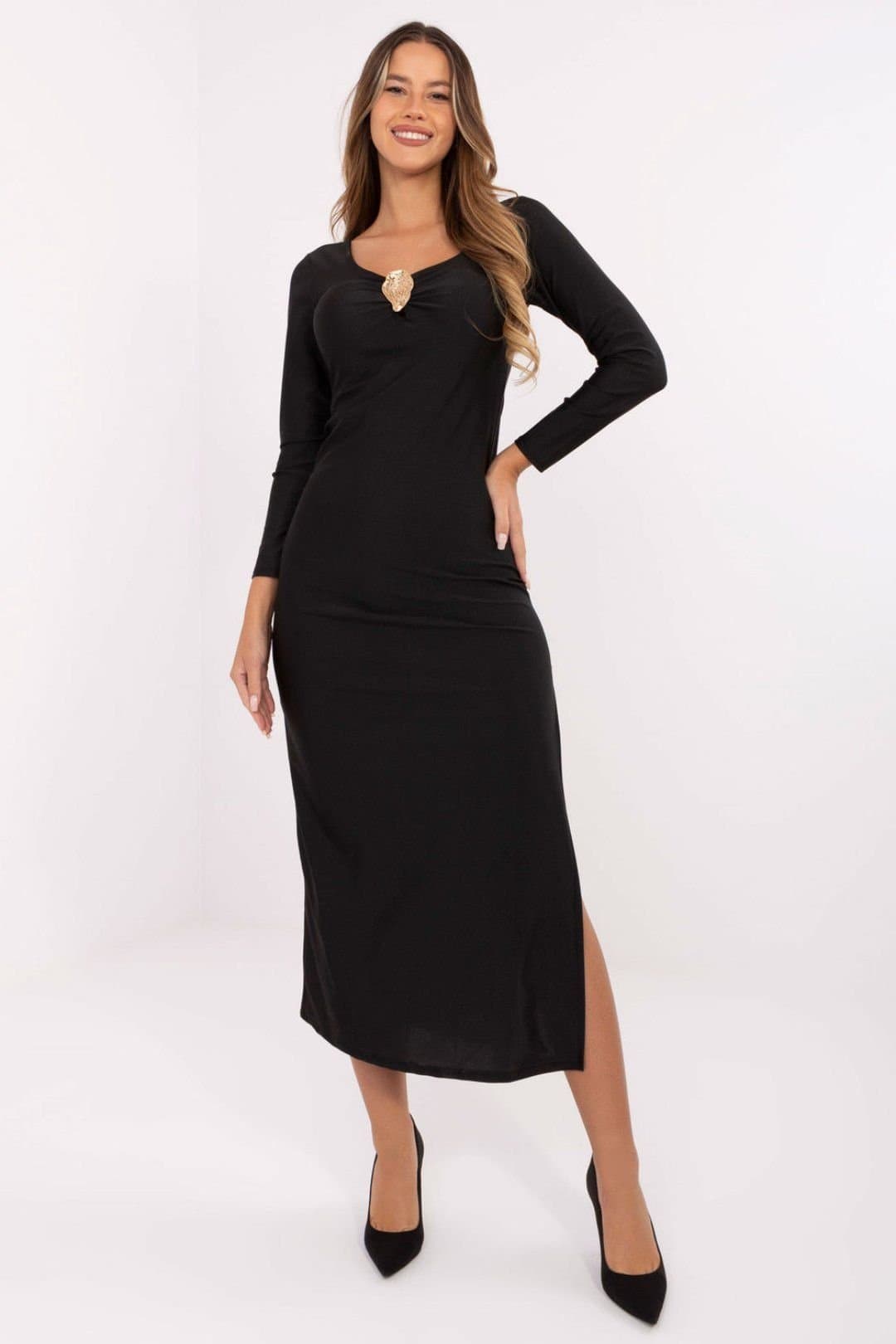 Love Lace Love Lace Women's Elegant V Neck Pencil Midi Evening Dress in Black