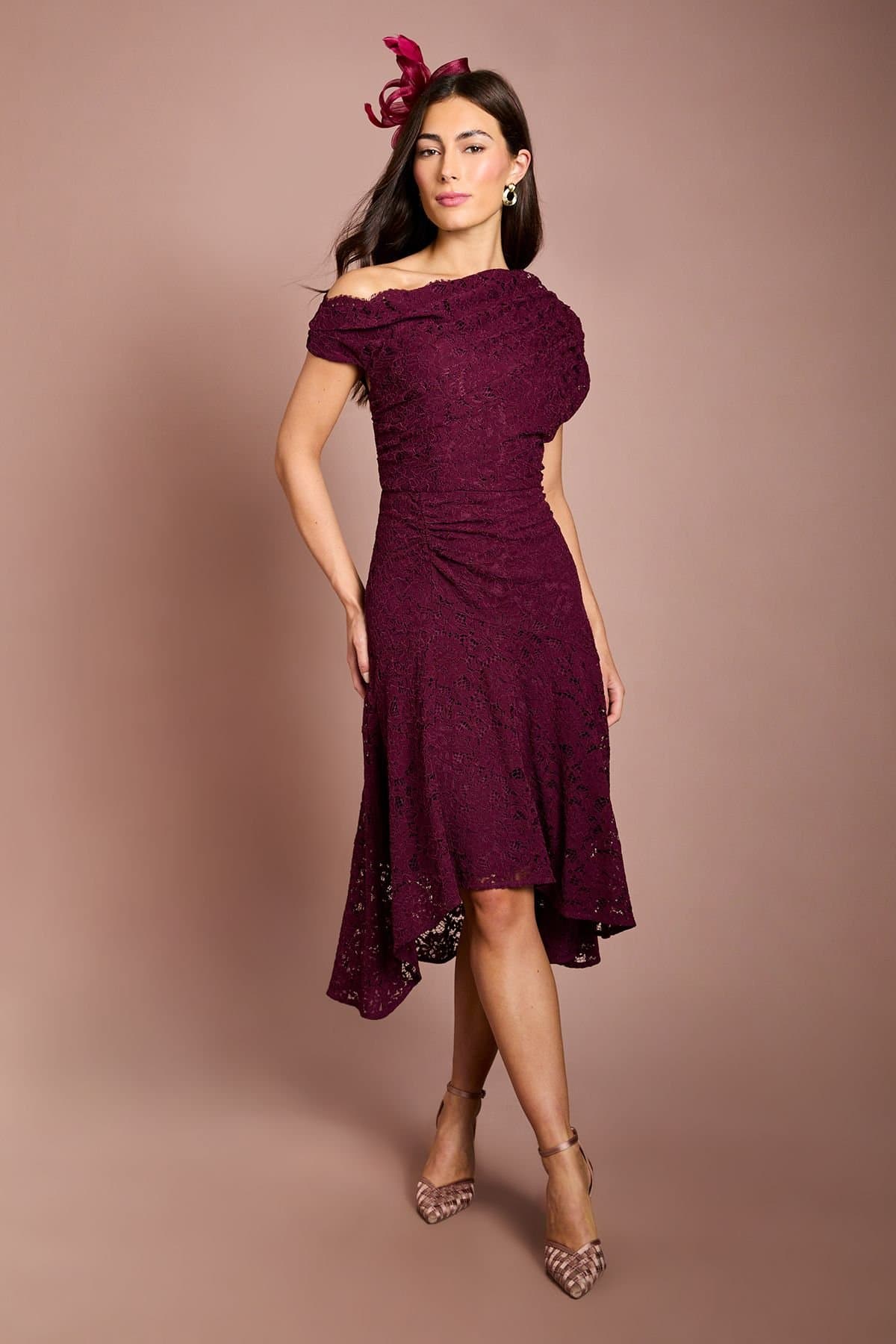 Coast Coast Women's Off The Shoulder Lace Hi Lo Dress in Berry