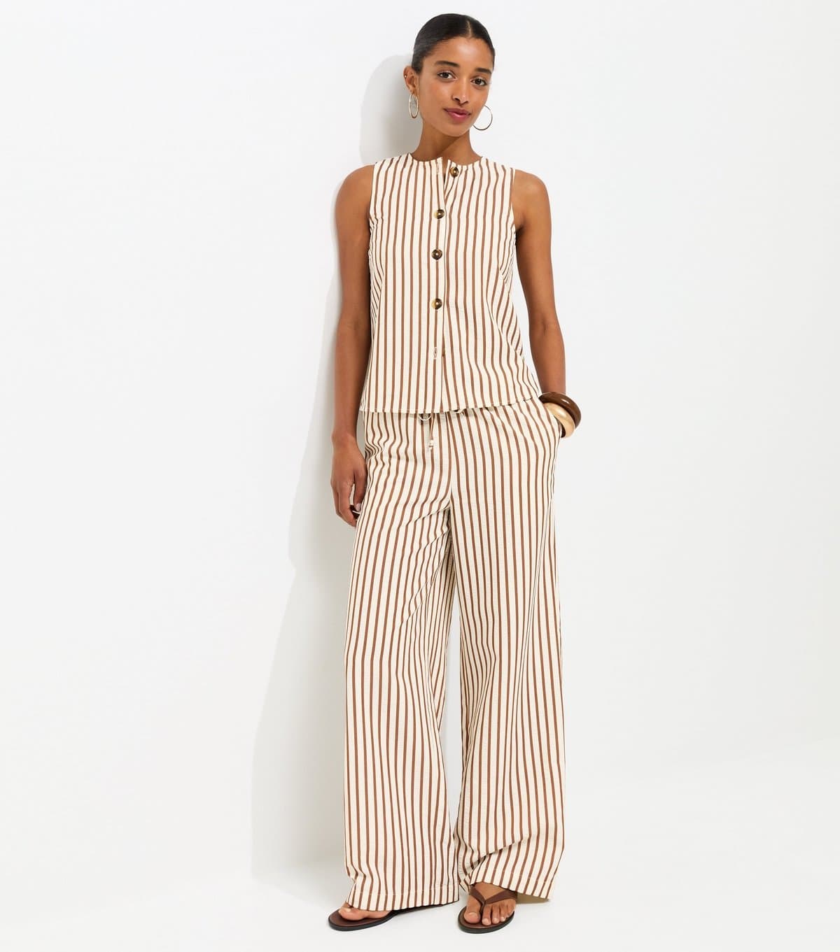 New Look Women's Brown Striped Seersucker Wide Leg Trousers New Look