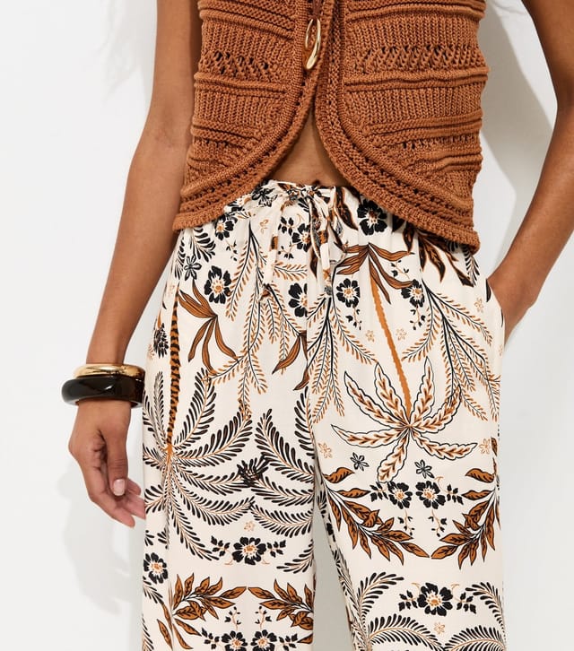 New Look Women's Cream Lotus Palm Tree Print Wide Leg Trousers New Look - 2