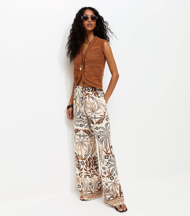 New Look Women's Cream Lotus Palm Tree Print Wide Leg Trousers New Look - 3