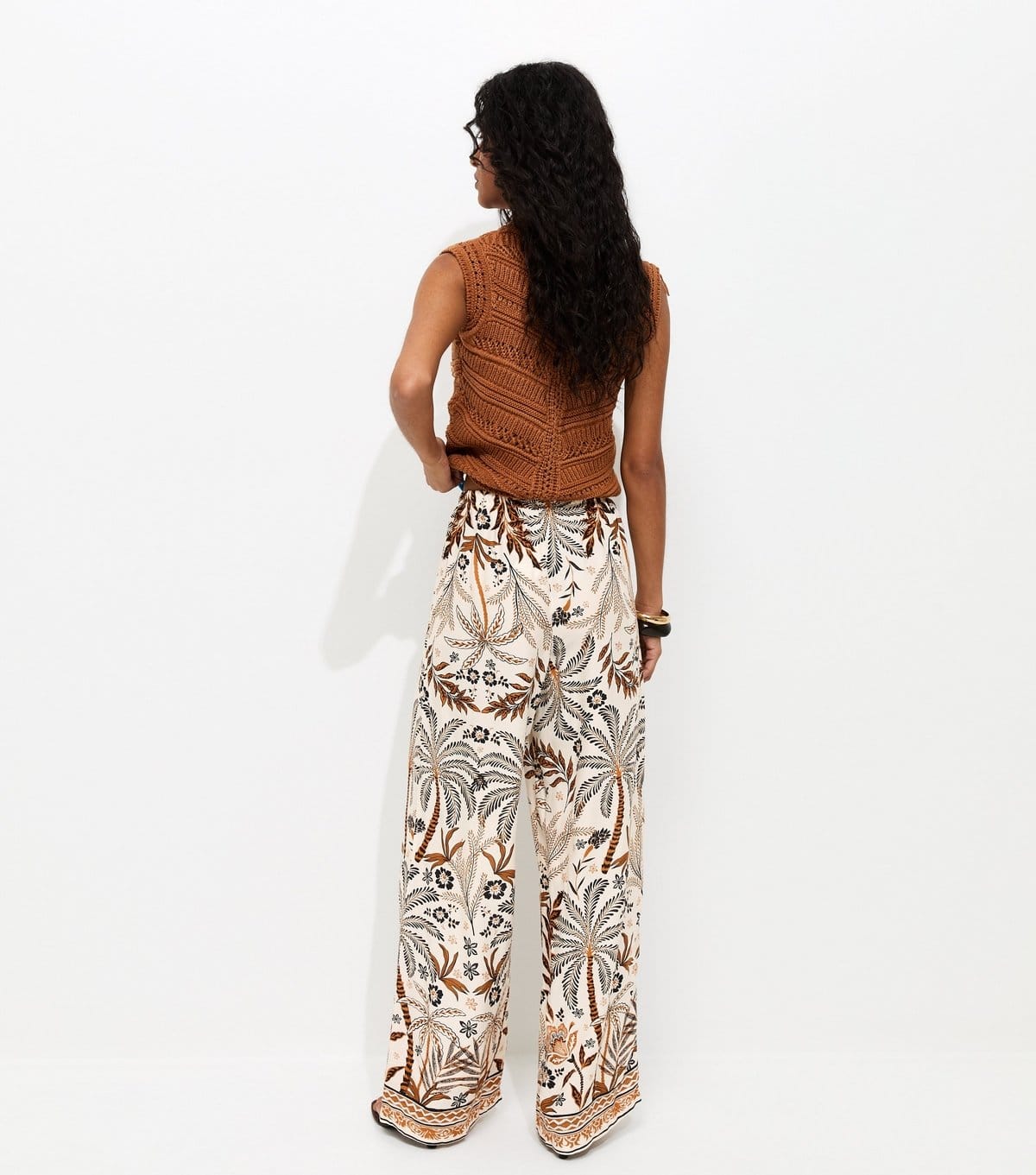 New Look Women's Cream Lotus Palm Tree Print Wide Leg Trousers New Look - 4