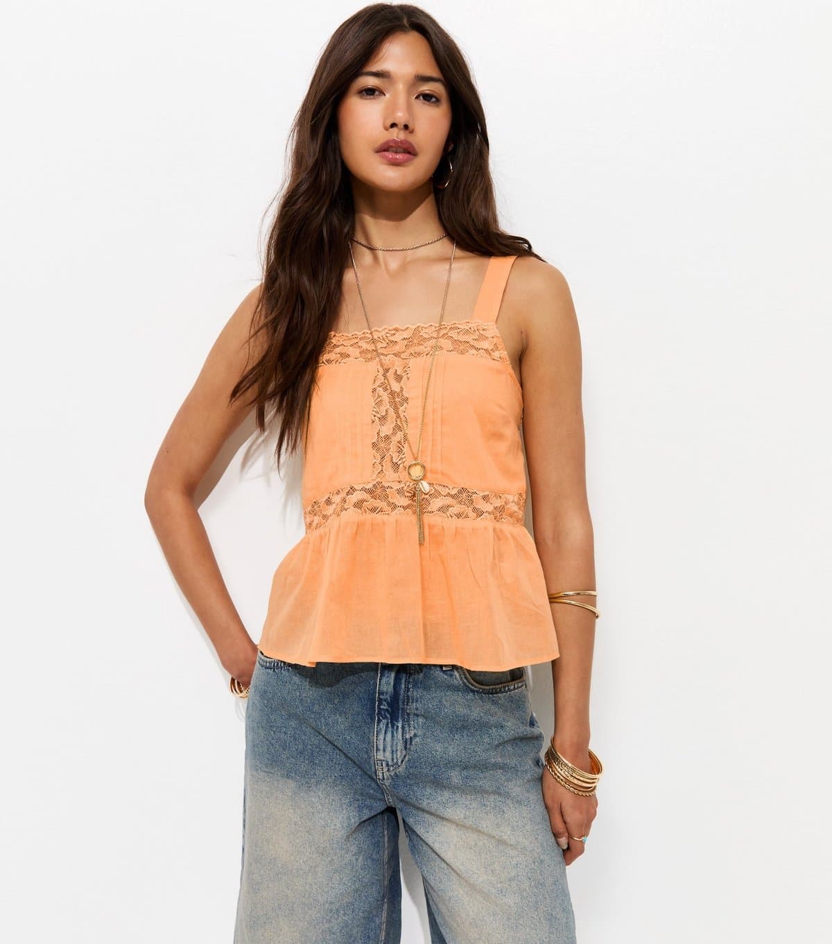 New Look Women's Orange Cotton Semi Sheer Lace Panelled Cami Vest Top New Look