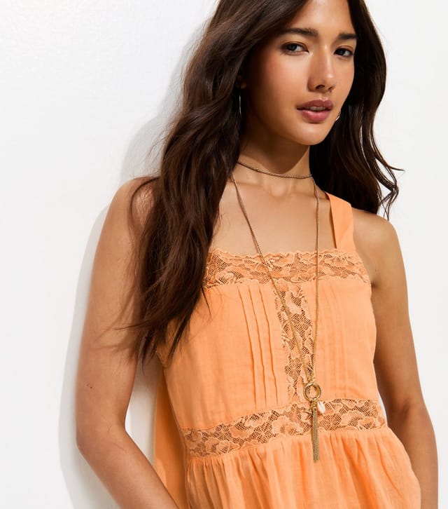 New Look Women's Orange Cotton Semi Sheer Lace Panelled Cami Vest Top New Look - 2