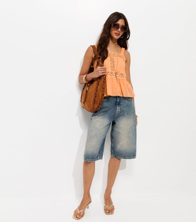 New Look Women's Orange Cotton Semi Sheer Lace Panelled Cami Vest Top New Look - 3