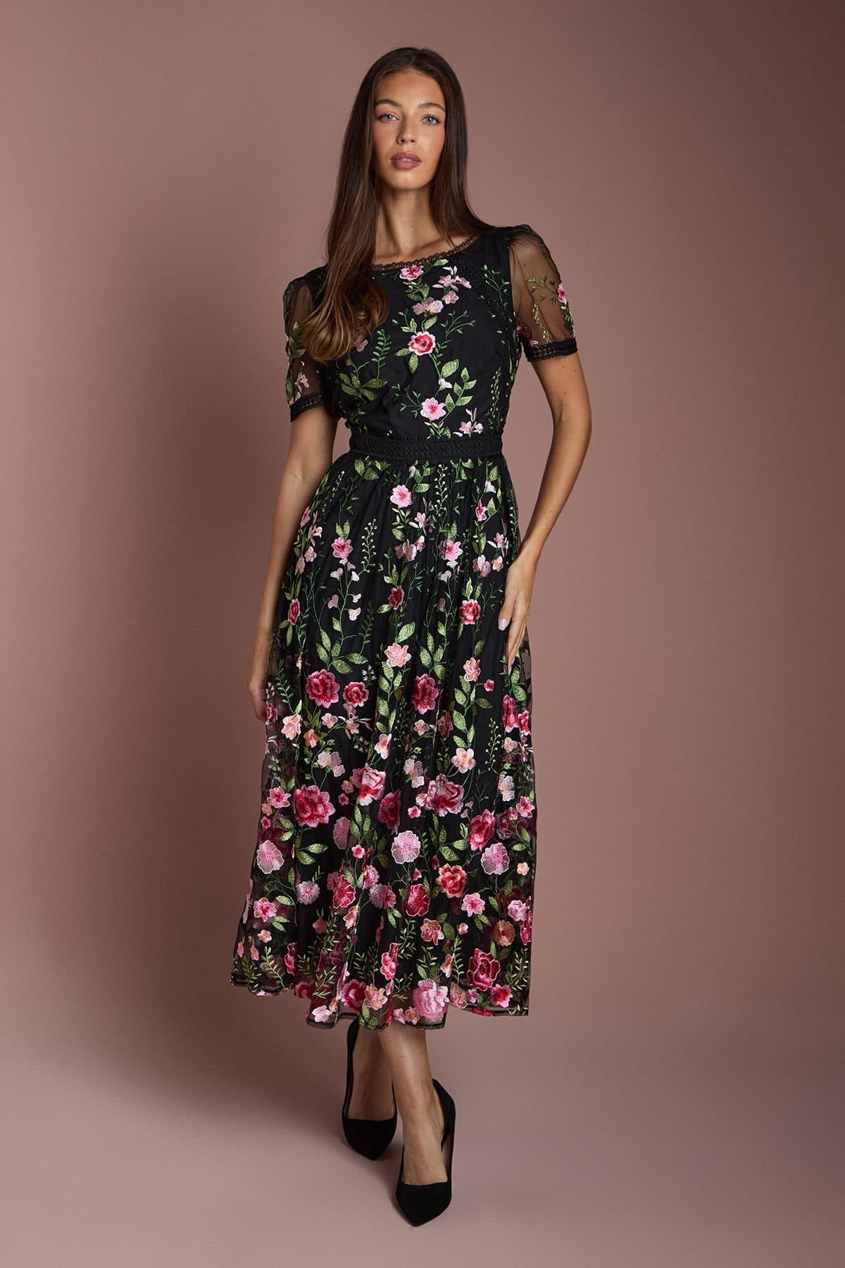 Coast Coast Women's Lace Trim Detail Embroidered Mesh Midi Dress in Black