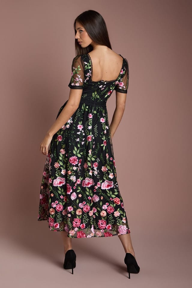 Coast Coast Women's Lace Trim Detail Embroidered Mesh Midi Dress in Black - 3