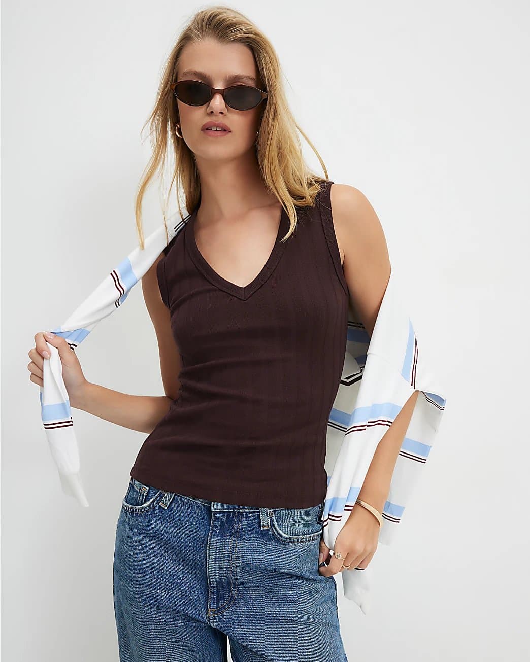 River Island River Island Womens Brown Wide Ribbed V Neck Tank Top