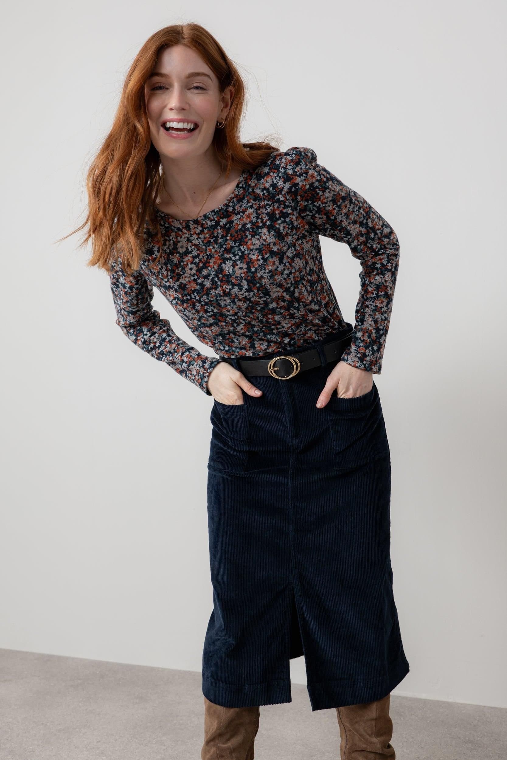 Lily & Me Lily & Me Women's Penrose Stretch Jumbo Cord Midi Length Skirt with Belt loops at waist in Navy