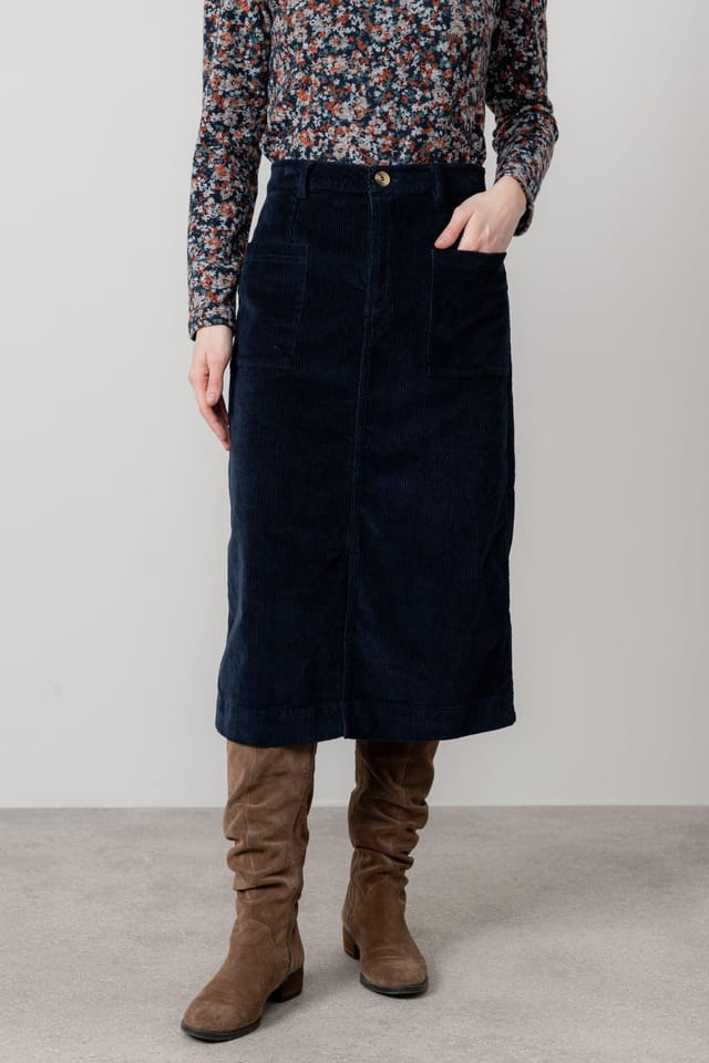 Lily & Me Lily & Me Women's Penrose Stretch Jumbo Cord Midi Length Skirt with Belt loops at waist in Navy - 2