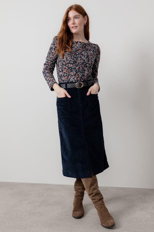 Lily & Me Lily & Me Women's Penrose Stretch Jumbo Cord Midi Length Skirt with Belt loops at waist in Navy - 3