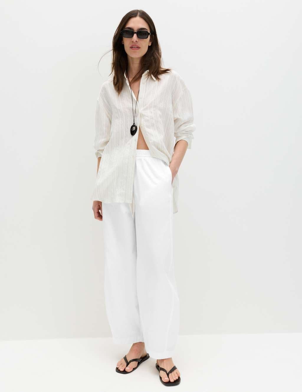 Marks & Spencer M&S Pure Cotton Drawstring Barrel Leg Ankle Grazer Trousers White