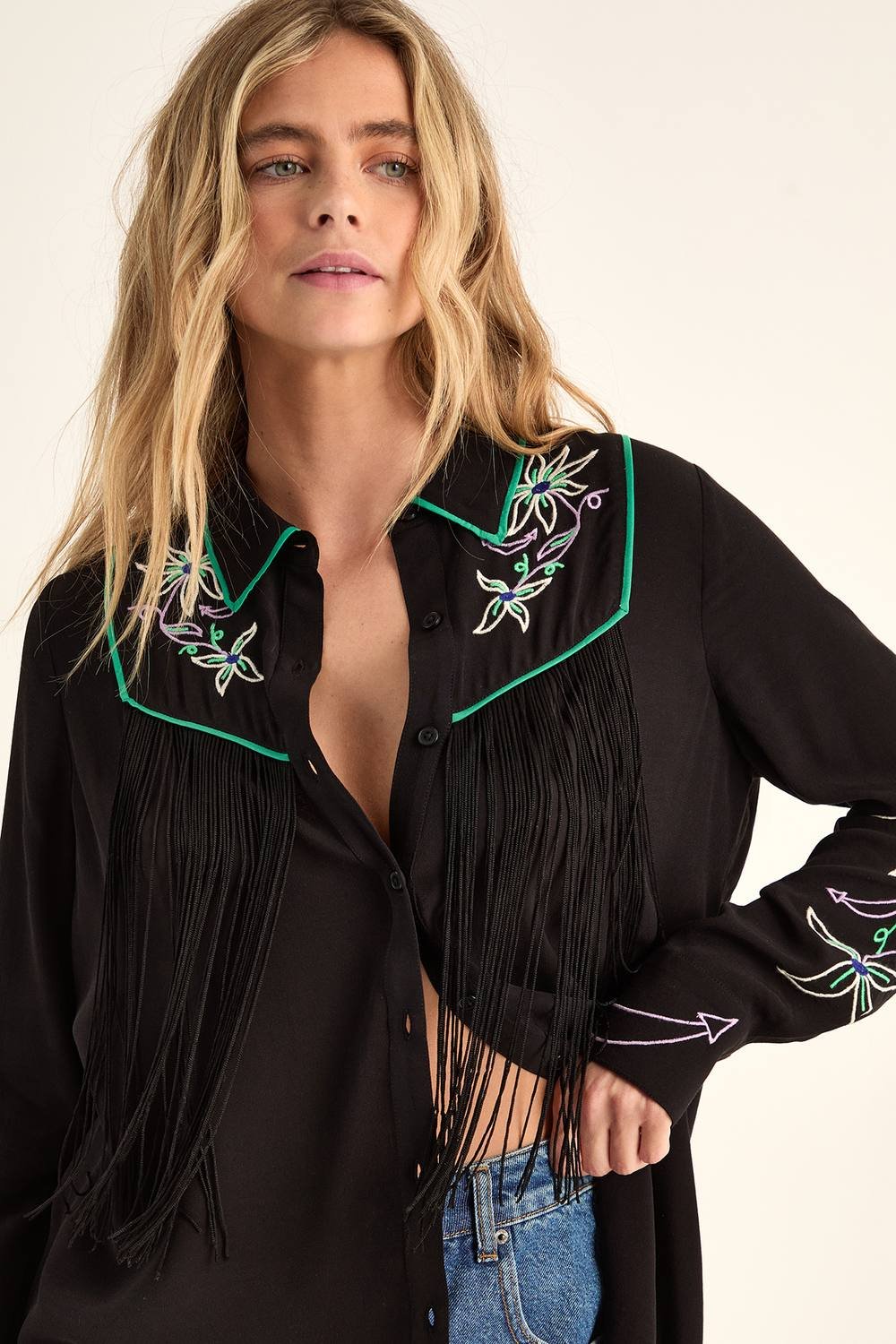 NastyGal NastyGal Women's Embroidered Fringe Western Shirt Co-ord in Black - 2
