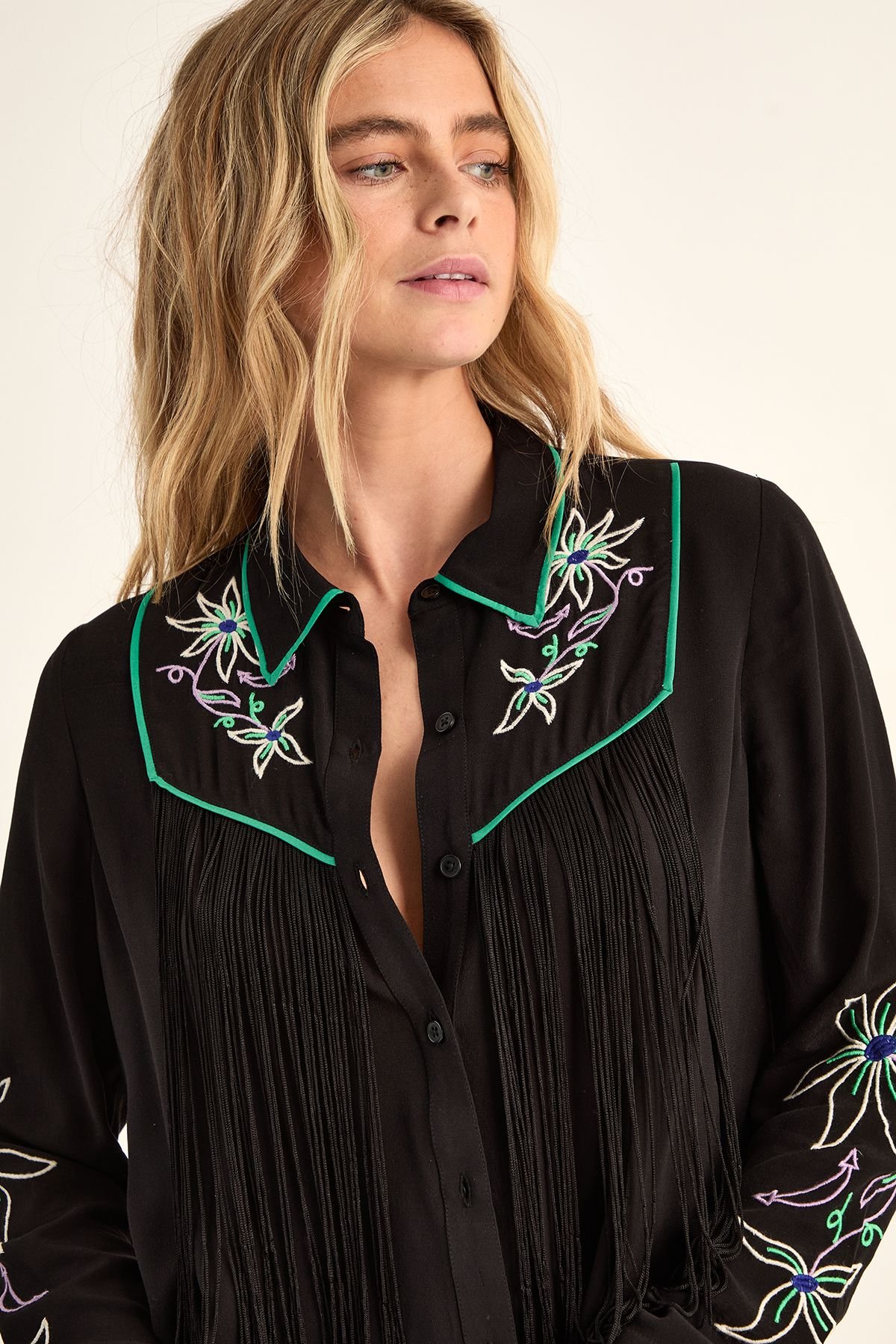 NastyGal NastyGal Women's Embroidered Fringe Western Shirt Co-ord in Black - 3