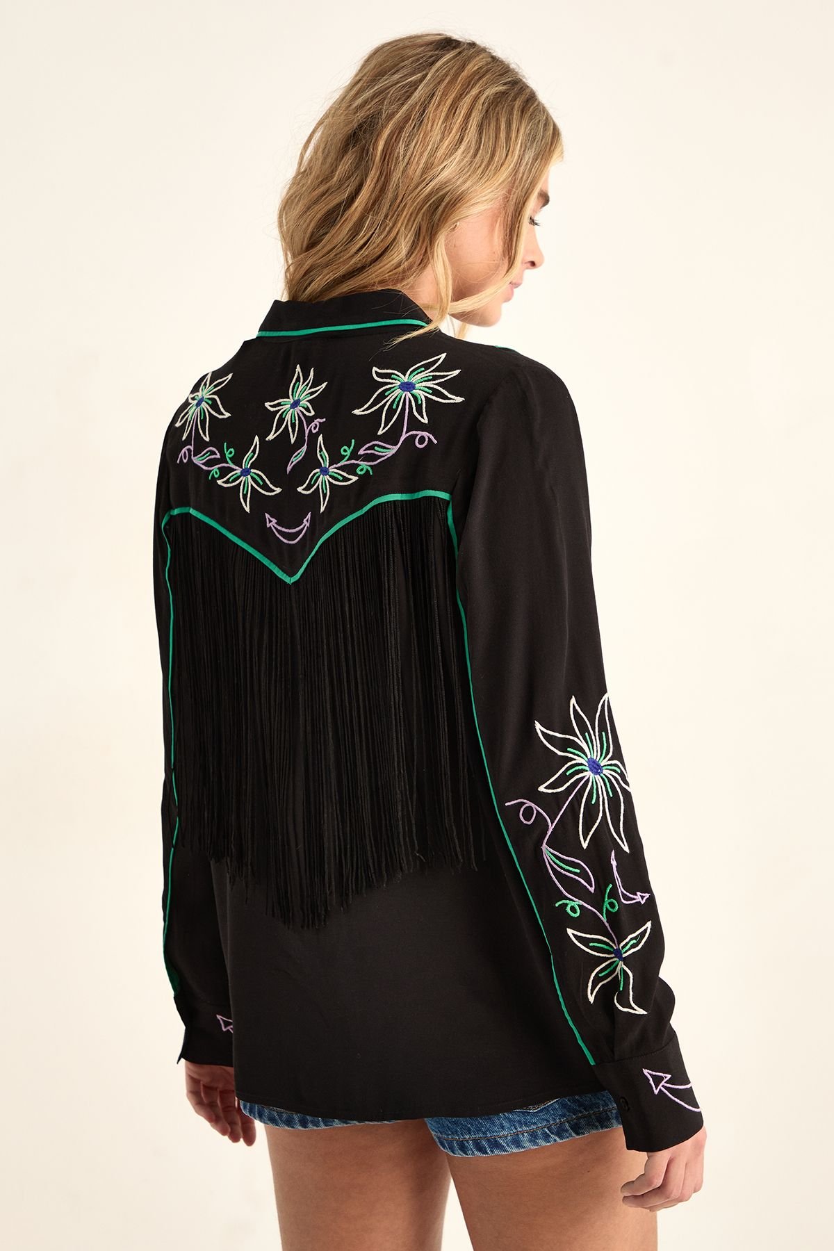 NastyGal NastyGal Women's Embroidered Fringe Western Shirt Co-ord in Black - 4