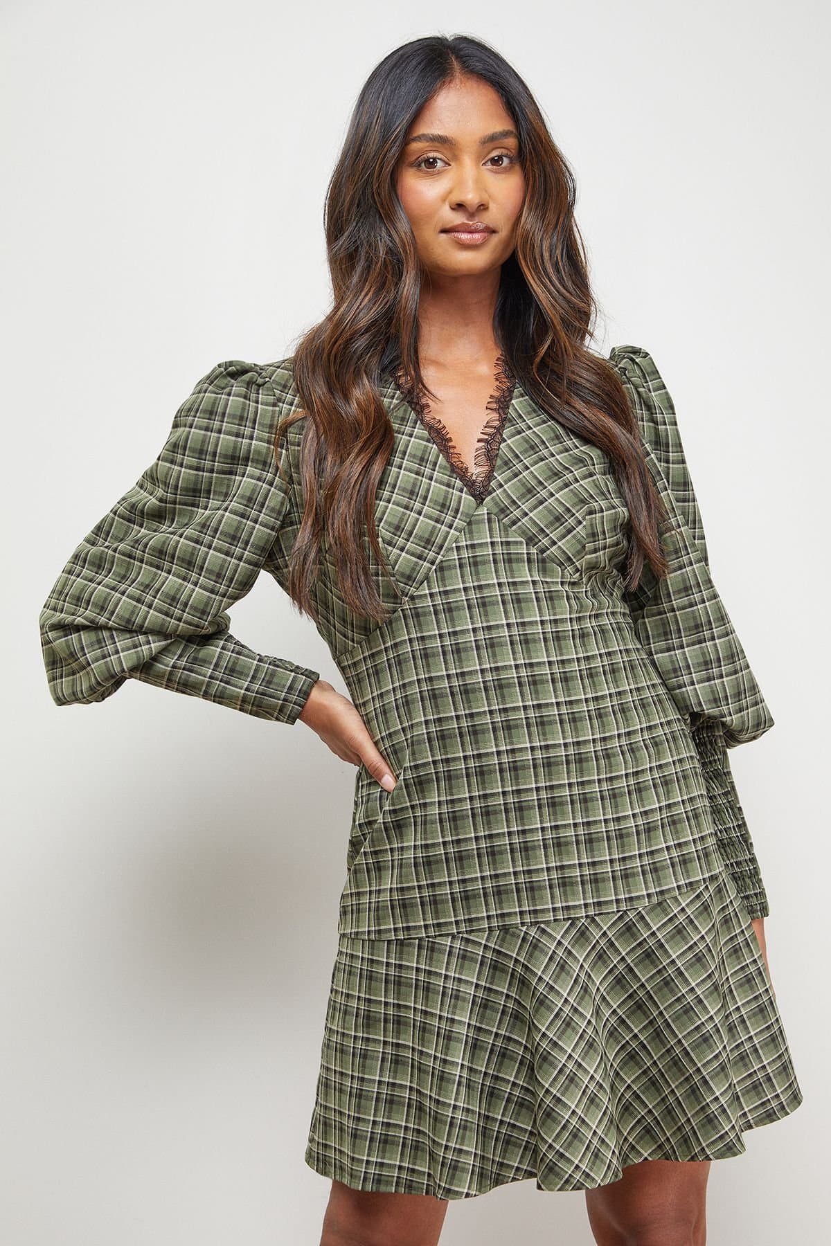 Oasis Oasis Women's Checked Lace Neck Puff Sleeve Mini Dress in Green