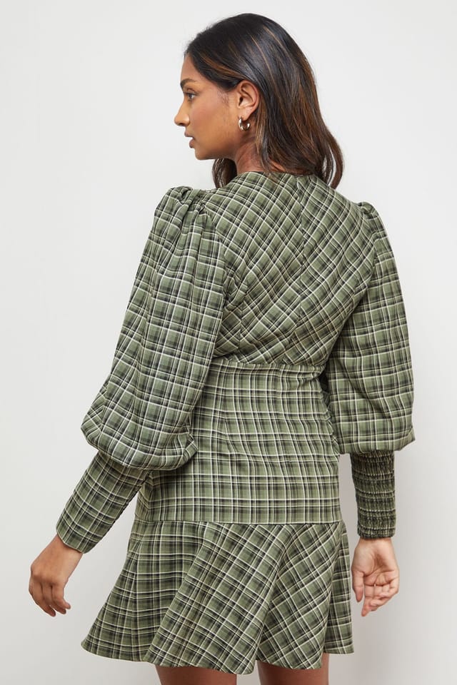Oasis Oasis Women's Checked Lace Neck Puff Sleeve Mini Dress in Green - 3