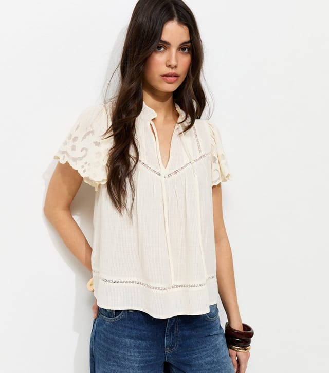 New Look Women's Cream Embroidered Tie Neck Short Sleeve Blouse New Look - 2
