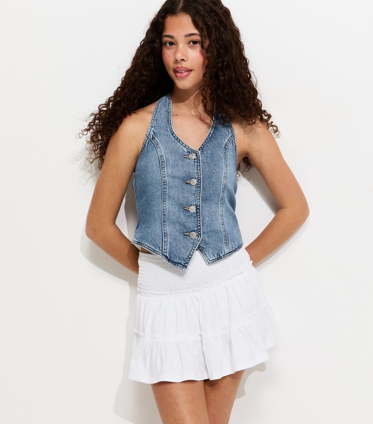 New Look Girls' Light Blue Denim Halterneck Waistcoat New Look