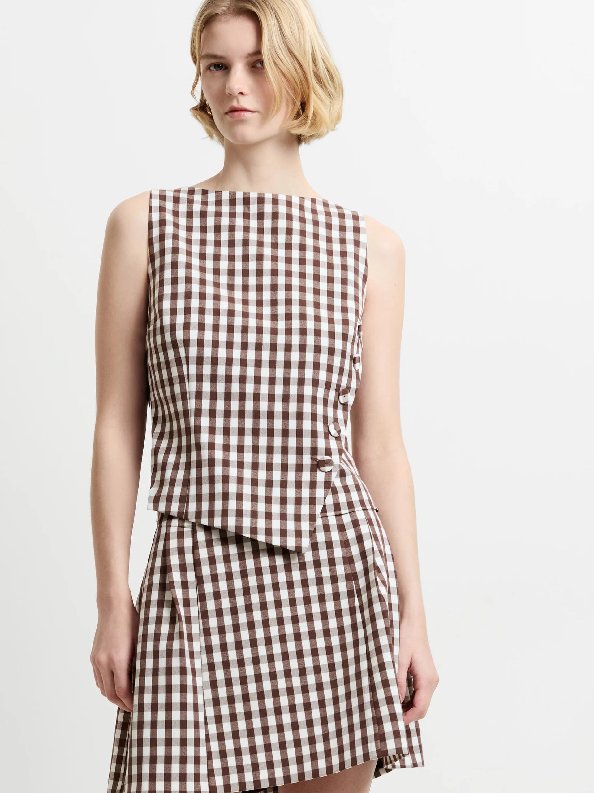 French Connection Lexi Tailored Gingham Asymmetric Top Espresso Brown Check