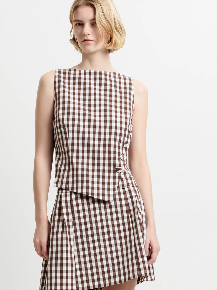 French Connection Lexi Tailored Gingham Asymmetric Top Espresso Brown Check - 1