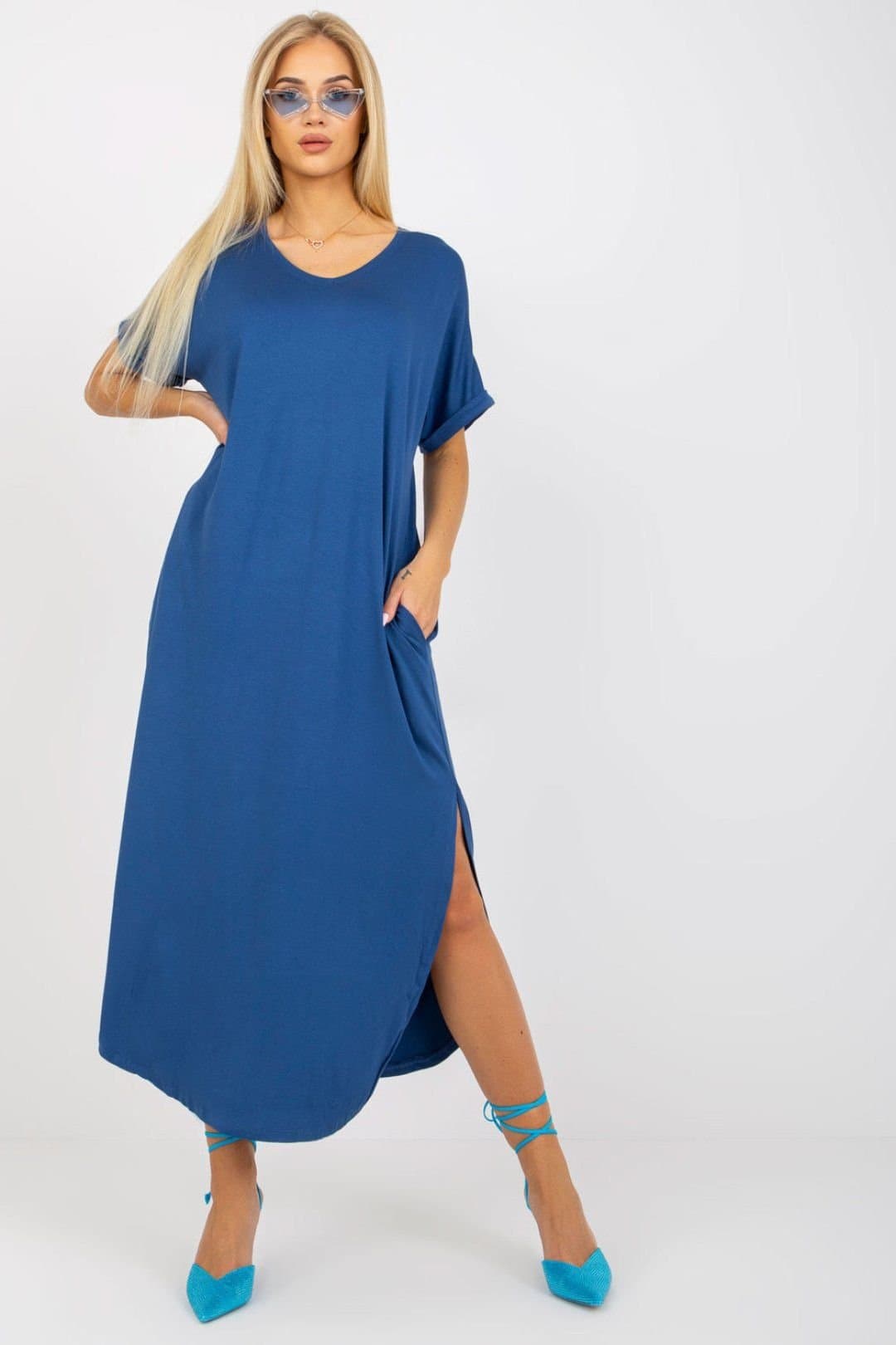 Love Lace Love Lace Women's Short Sleeve Dress with Side Slip Pockets in Blue