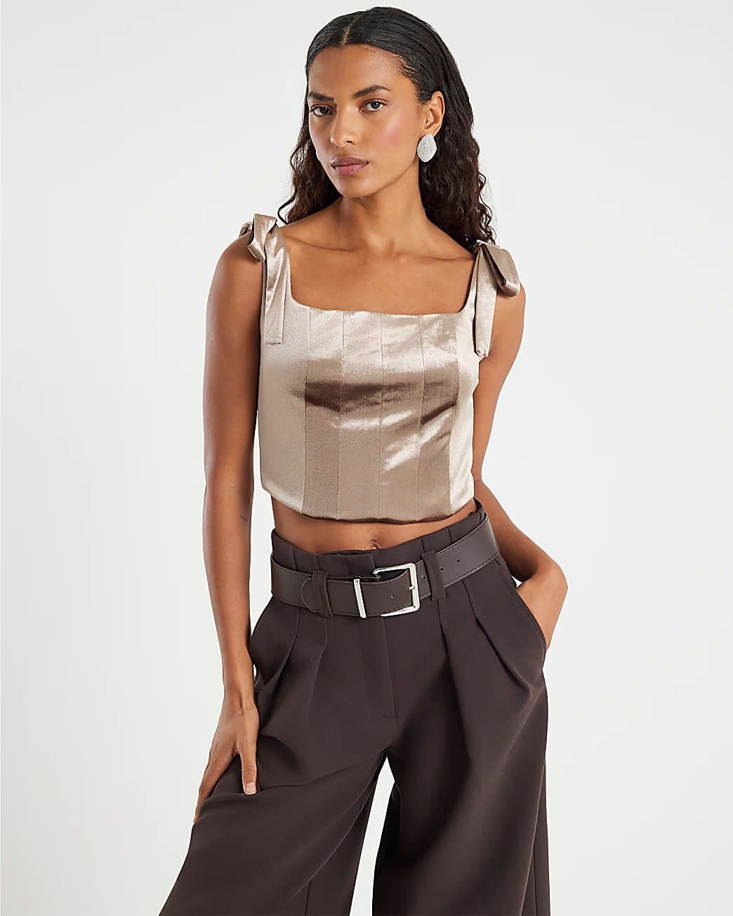River Island River Island Womens Brown Velvet Sleeveless Corset Top