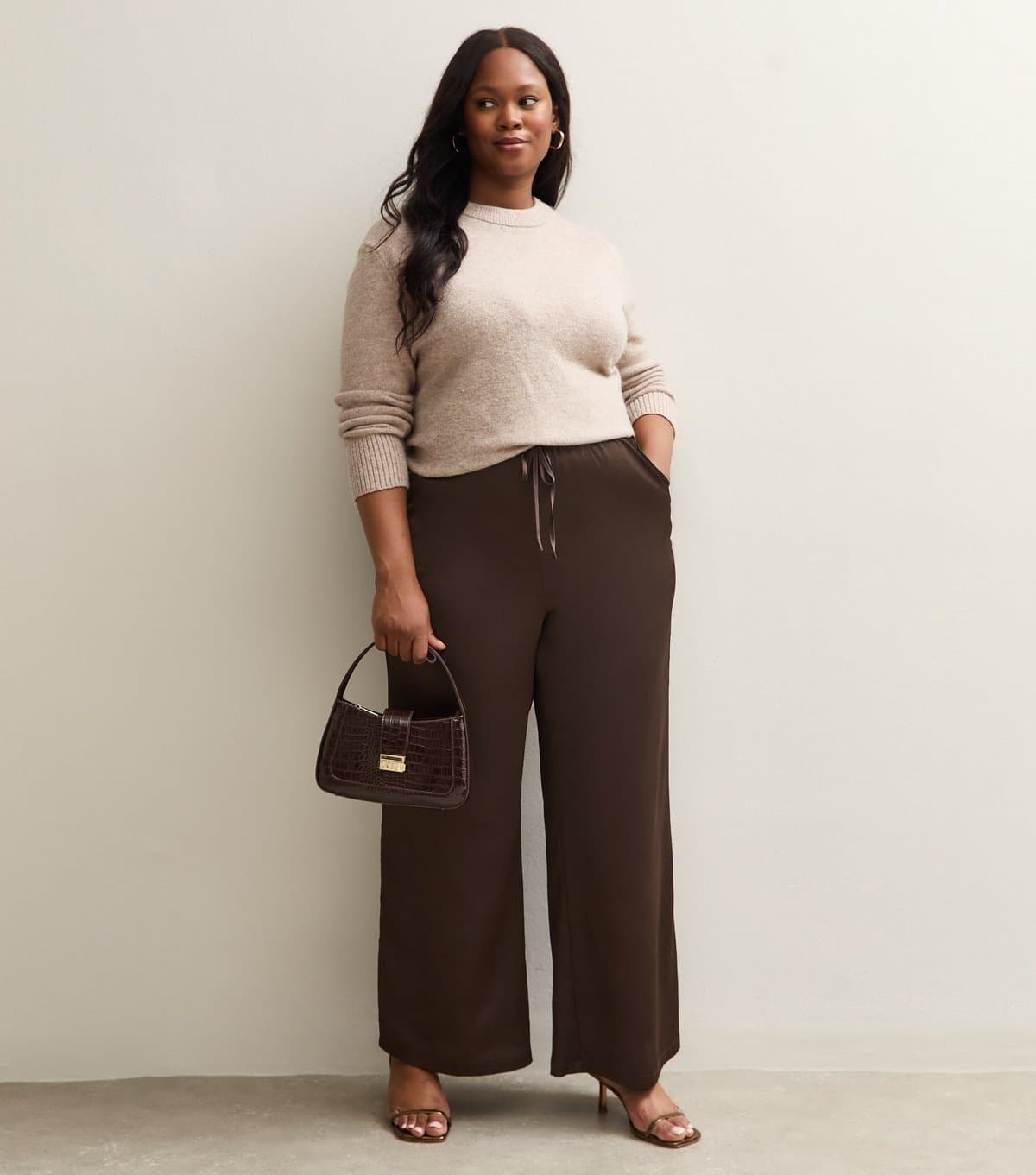 New Look New Look Dark Brown Satin Wide Leg Trousers Plus Size