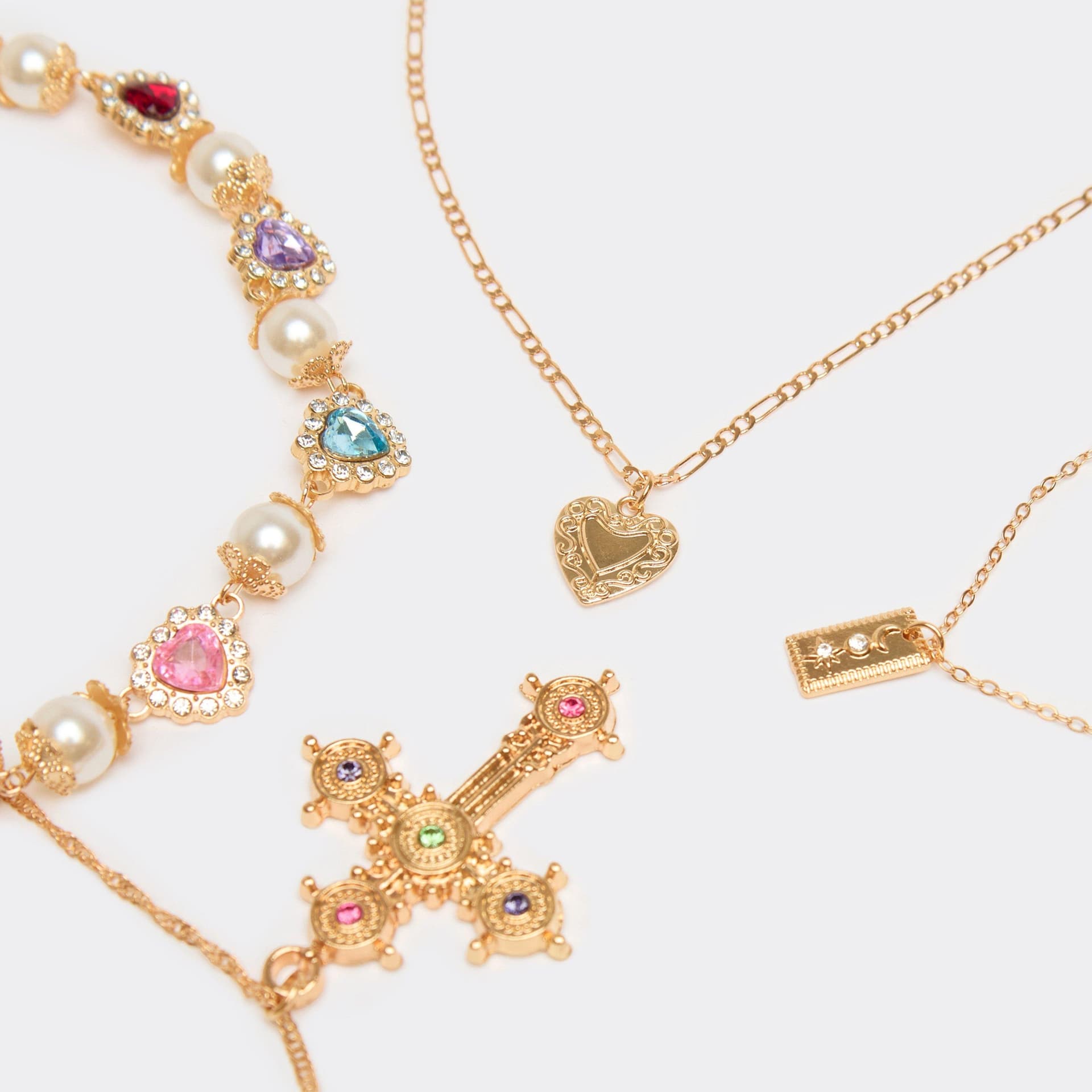 EGO Diamante Gem Detail Cross Pendant Multi Chain Necklace In Gold, Women's Size UK 0