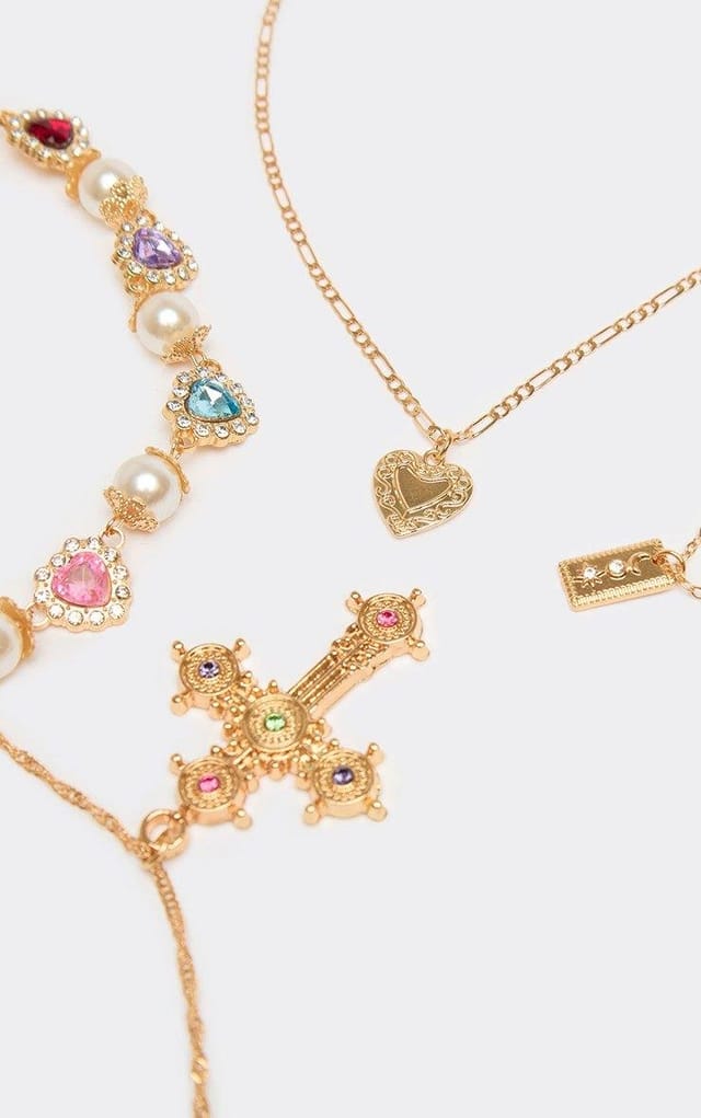 EGO Diamante Gem Detail Cross Pendant Multi Chain Necklace In Gold, Women's Size UK 0 - 2