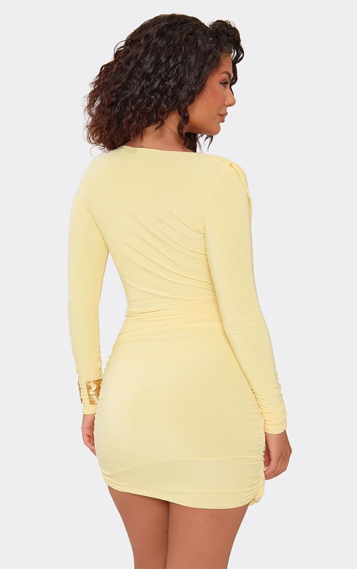 EGO Long Sleeve Plunge Drape Front Mini Dress In Lemon, Women's Size UK 6